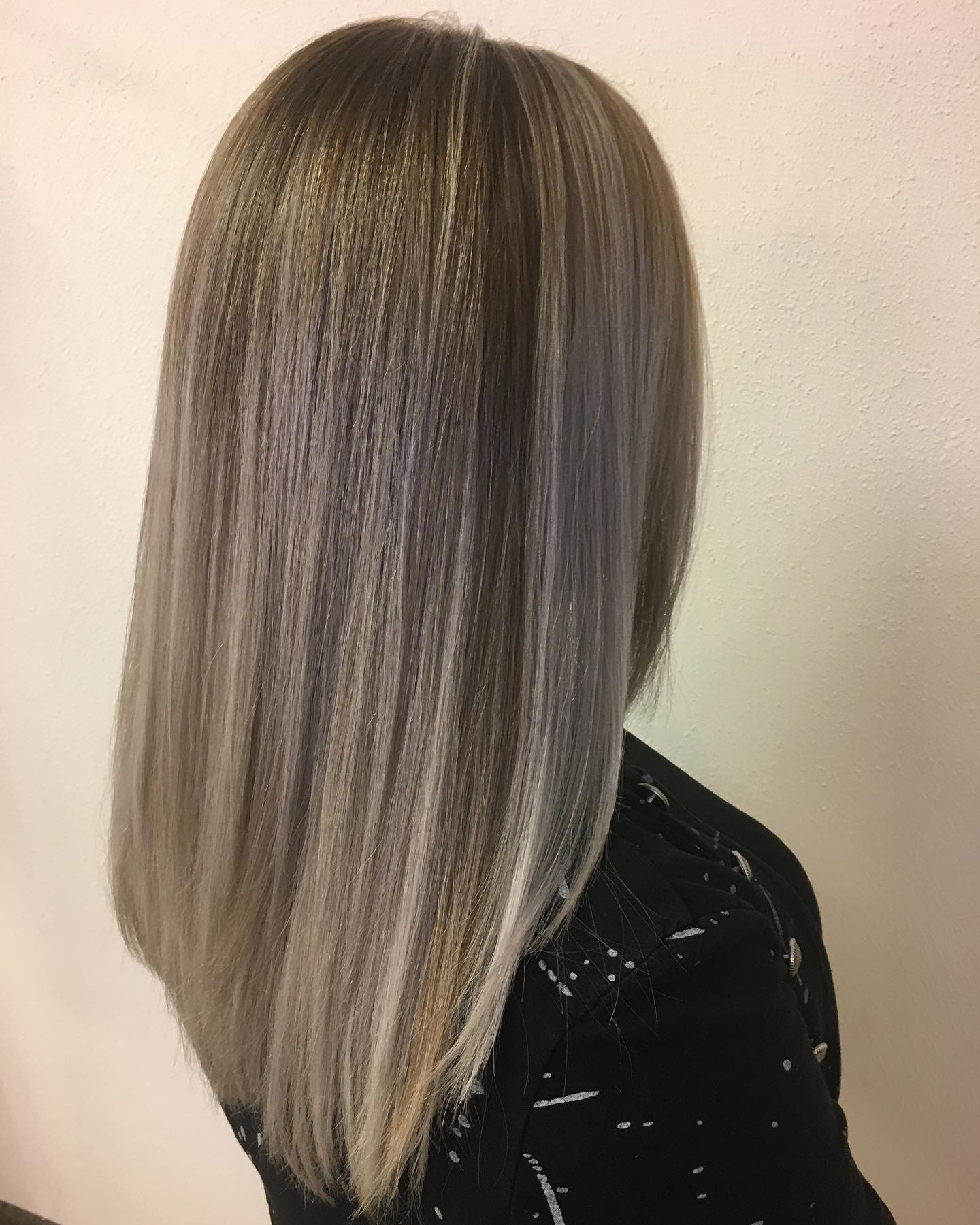 Lang steil haar met asblonde highlights, van achteren